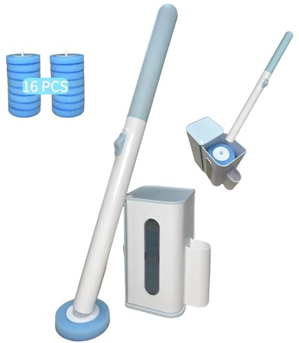 Disposable Toilet Brush with 16 Wand Cleaner Refills Pads，Wall Mounted Toilet Bowl Holder Set，Toilet Cleaning System Starter Kit，Bathroom Cleaning System for Sink Bathtub Wash Basin