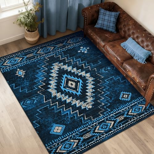 Alishomtll Teppich Läufer, Vintage Geometrisch Teppich Blau 120x160 cm | Rutschfest Kurzflor Küchenteppich, Weich Waschbar Flurläufer für Wohnzimmer Schlafzimmer Arbeitszimmer Küche Eingang