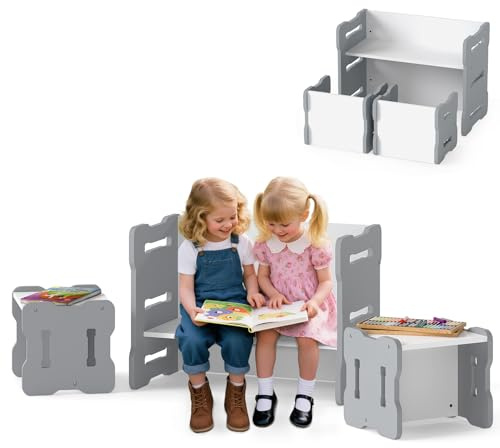 GOPLUS Mesa Infantil con 2 Sillas, Conjunto de Mesa y Sillas Infantiles Ahorra Espacio, Convertibles de Madera, Conjunto de Muebles de 3 Piezas para Niños de 3+ Años (Gris)