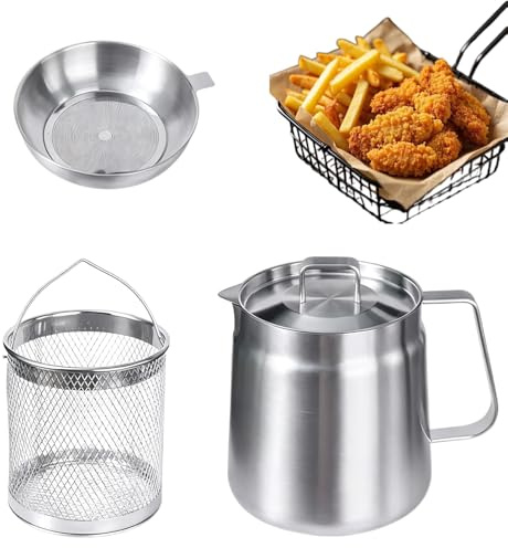 Vexnaro Recipiente Filtrante de Grasa 2L en Acero Inoxidable 304 con Colador de Malla Fina, Cesta de Freír y Tapa Antipolvo, Multiuso Aceite Filtrante para Freír, Cocinar y Guardar Aceite
