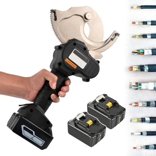 Tagliafili elettrico – Tagliacavi a cricchetto ricaricabile per alluminio e rame, taglia cavi corazzati fino a 75 mm di diametro, include 2 batterie
