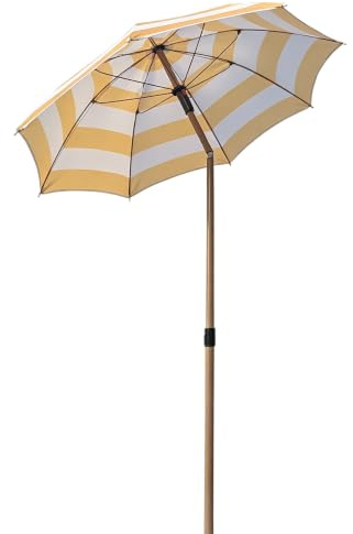CFLNHMSY 1.4m Yellow White Striped Beach Umbrella, UPF50+ Waterproof Foldable Outdoor Patio Sun Parasol, Tilt Adjustable Small Garden Umbrella (Base Not Included)