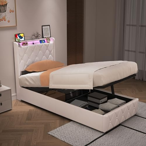 Bett mit Stauraum, 90 x 200 cm mit hydraulischer Aufbewahrung, Kinderbett mit LED- und USB-Beleuchtung, Einzelbett mit Lattenrost, gepolstert, aus Velours, ohne Matratze (Beige-4, 90 x 200 cm)