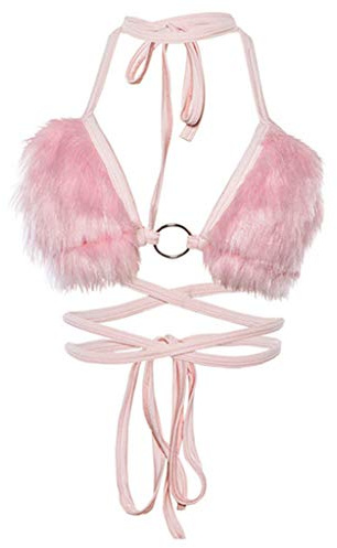 ZOOMY Femmes Sexy Halter Lace-up Bikini Bra V-Neck Fluffy Plush Crop Top - Rose