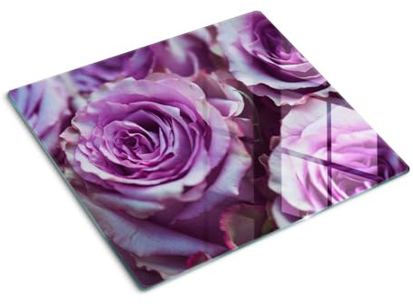 Glasschneidebrett 60x52 cm Dünn Glasplatte Dekorativ Gehärtetes Glas für die Küche Plastikfrei Antibakteriell Lebensmittelecht Rutschfest Silikonfüße Hitzebeständig - Lila Rosen