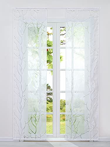 HeichkelL 2er Schiebegardinen Ausbrenner Modern Flächenvorhänge mit Klettband Transparente Fensterstores Äste Muster Dekoschals inkl. Beschwerungsstäben Weiß BxH 57x175 cm