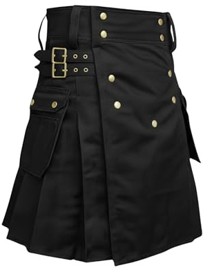 Kilt da Uomo - Moderno Kilt Ibrido Utilitario Scozzese con Tasche da Carico, Ideale per Matrimoni ed Eventi, nero, 38