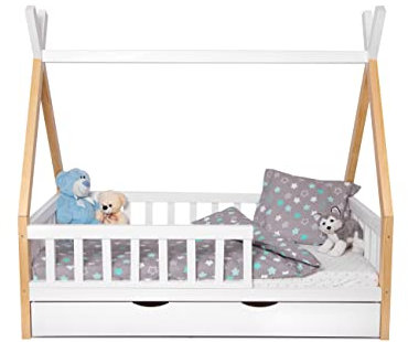 Alije Kieferholz Tipi-Bett, 80X160 cm, mit Rausfallschutz, Lattenrost und Schublade. Kinderbett, Skandinavisches Hausbett, massiv und solide (80 x 160 cm, White/Natural)