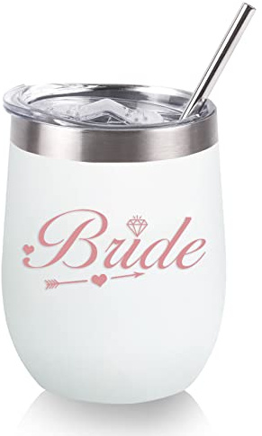Nwvuop Bride to Be Gift, Wedding & Bridal Shower Gifts - Stainless Steel Wine Tumblers with Straw, White