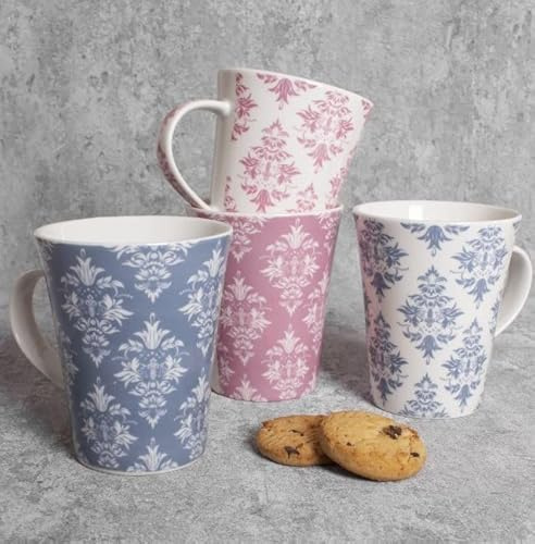 Set of 4 Damask Vintage Mugs New Bone China Drinking Coffee Mugs 120z Blue & Pink