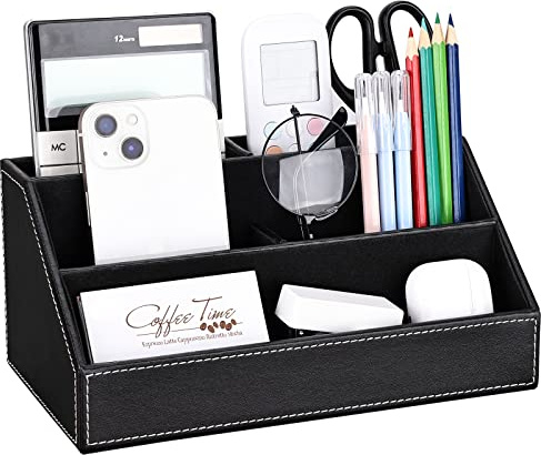 Richblue Schreibtisch Organizer, Stiftehalter Schreibtisch PU Leder Büro Desk Organizer Stiftebox Stifteköcher (5 Fächern-Schwarz)