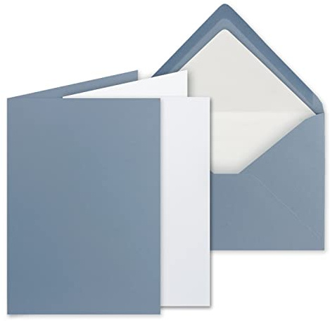 100 Sets - großes Kartenpaket, Graublau (Blau), matt, mit 100 Faltkarten, passenden weißen Einlegeblättern & 100 gefütterten Umschlägen - DIN B6, 12 x 17 cm - 120 x 170 mm