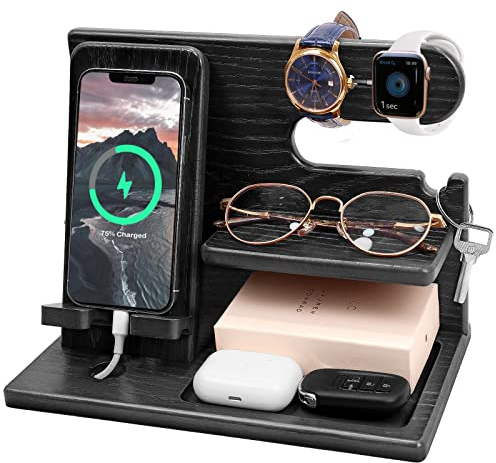 Docking station in legno per telefono cellulare, docking station per telefono, portachiavi, organizer per orologi, scrivania in legno per iPad, regalo per papà, marito, compleanno, Natale (nero)