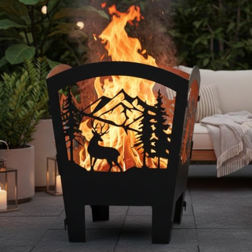 Terma Sahldesign Feuerkorb Hirsch im Wald Höhe 70x51x51cm sehr Massive Ausführung, Feuerstelle für den Garten Grill Funktion, Feuerschale, Feuertonne, Grillzubehör