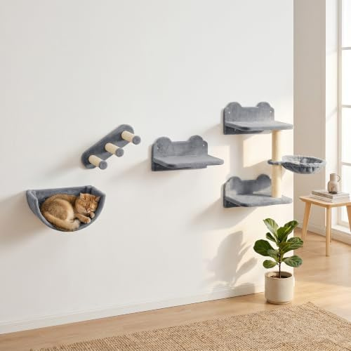 PawHut Cat Wall Furniture 4 PCS Set for Indoor Kittens, Grey | Kitty Climbing Shelves Set, Wall Mounted Cat Tree, Scratching Post, Hammock, Steps, Perches, Sleeping Playing Space Saving