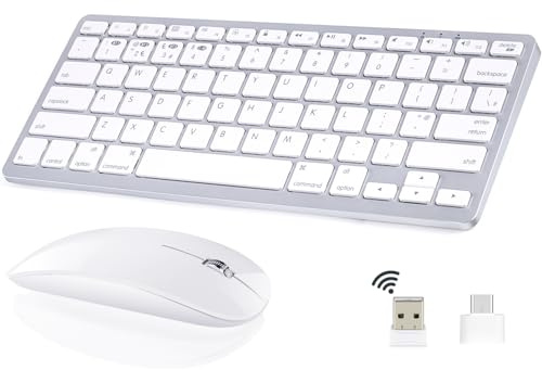 Ensemble clavier et souris sans fil Bluetooth compatible avec Apple MacBook, iMac, iPad et Windows Android (clavier souris rechargeable argenté)