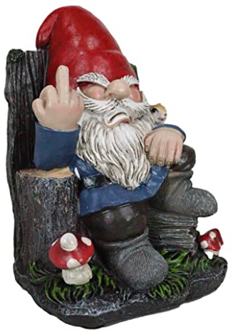 Ebros Gift Rude Mean Garden Greeter Go Away! Mr Gnome Dwarf with Squirrel On Tree Logs Chair Flipping The Bird Middle Finger Figurine As Whimsical Decor Magical Fantasy Gnomes