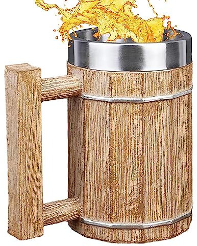 Boccale di Birra in Legno Boccale di Birra | Grande Tazza vichinga Ecologica in Finto Legno in Acciaio Inossidabile | Tazza da Cocktail a Doppia Parete a Forma di Secchio da 600 ml Fatta a