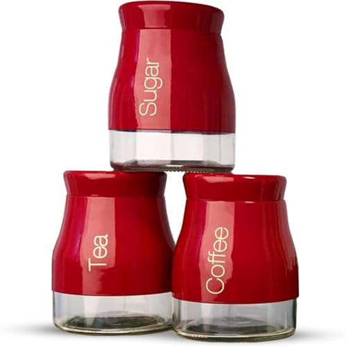 Set of 3 Kitchen Storage Canister - Glass Coffee Jars with Screw Lid Food Containers, Multipurpose Tea Sugar and Coffee Glass Jar Pots, Kitchen Canister Set, tea sugar and coffee containers set