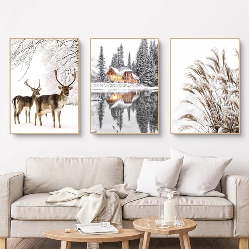 Herfair Poster Winter Bilder Wohnzimmer 3er Set Winterlandschaft Wandbilder | Kunstdrucke Leinwand Bilder Ohne Rahmen Wanddeko Poster Set (50 x 70 cm)