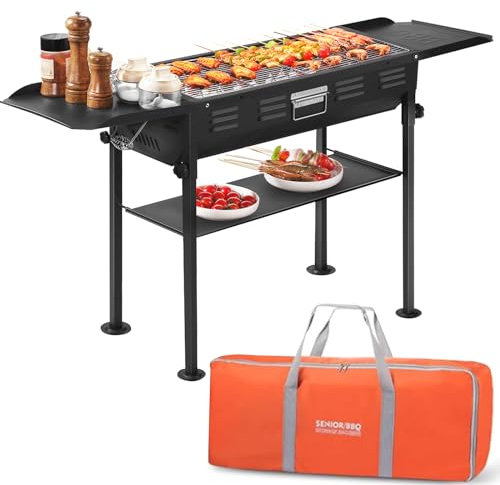 comsenz Tragbarer Holzkohlegrill, Outdoor-Grill für Weihnachten, Picknick, Erntedankfest, Familientreffen und Hinterhof-Grill, mit Aufbewahrungstasche und antihaftbeschichteter Bratpfanne (schwarz)