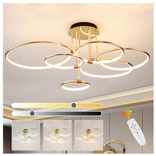 6 Ring Gold Led Deckenleuchte , Ø105cm | 145W Kronleuchter Stufenlos Dimmbar, Kreative Metallgalvanik Pendelleuchte, Moderne Lampe Für Schlafzimmer, Wohnzimmer, Kinderbüro Arbeitszimmer Küche