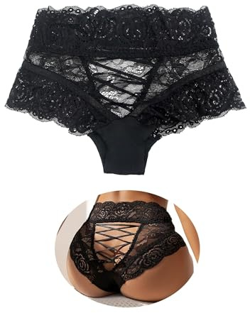 comeondear Black Lace Knickers for Women Plus Size Thongs Panties Mesh Stretchy Brazilian French Knickers High Waist Sexy Ladies Panty Briefs Underwear Underpants Bikini UK 12 14
