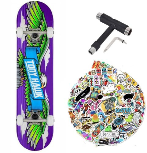 Komplettes Skateboard Tony Hawk PROFESSIONAL Starter Serie 7,75 Zoll + Mehrzweck-Tool + 50 glänzende Sticker (Wingspan 7,75 - Tool - 50Sticks, 7,75)