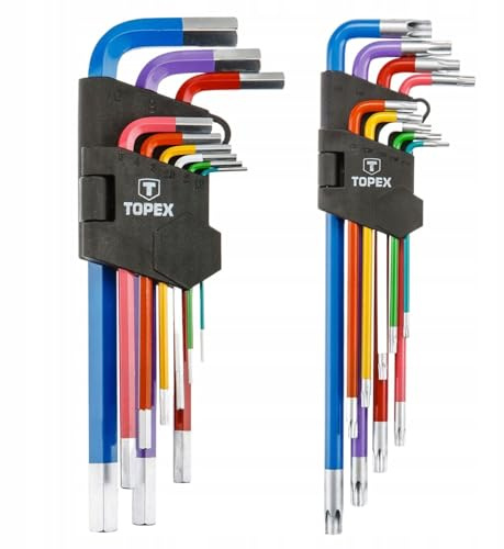 TOPEX Innensechskant Satz 18tlg | Torx T10 -T50 und Hex 1,5 mm - 10 mm | Multicolour Innensechskant aus Cr-V-Stahl | Winkelschlüsselsatz mit Kugelkopf - Winkelschraubendreher Set in Kunststoffclip