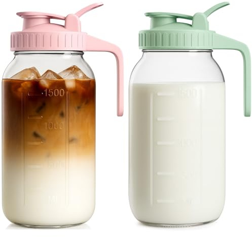 Mason Jar Pitcher Set of 2, 64oz (2quart) Glass Pitcher with Lid for Tea | Airtight, Leak proof, Ergonomic Handle, Pour Spout Lid, Fridge Safe, for Sun Tea, Iced Tea, Cold Brew, Lemonade, Outside