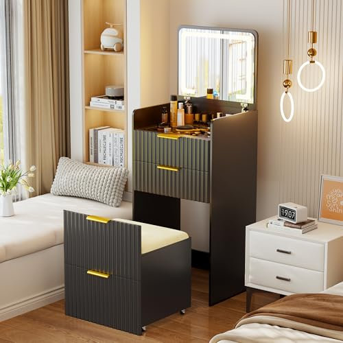 Lvifur Schminktisch mit LED-Spiegel,LED Schminktisch mit 3 Schubladen,Eckschminktisch mit Platz sparen,Dressing Table für Schlafzimmer,Wohnungen,Schlafsäle