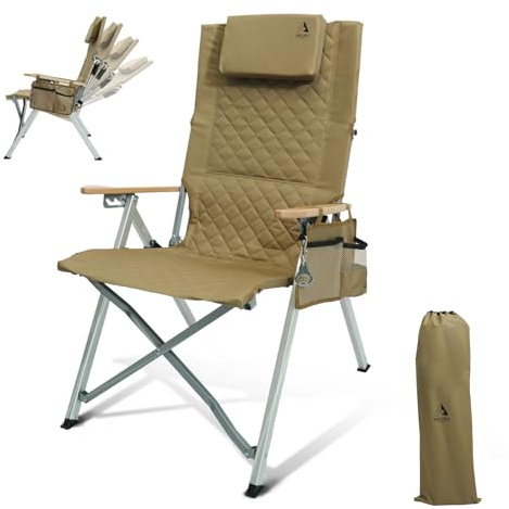 ARURU Aluminum Reclining Camping Chair, Heavy Duty Folding Lawn Chairs with 4-Stage Adjustable High Back for Adults, Compact Foldable Outdoor Patio Reclining Chair (Khaki, 1 Pack)