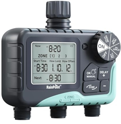 RAINPOINT Water Timer 3 Outlets, Automatic prinkler Timer with Rain Delay/Manual Watering/large LCD display, Garden Smart Irrigation Time for Yard, Lawn