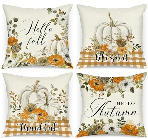 Benjia Juego de 4 Fundas de cojín de otoño de 50x50 cm, Flores Calabaza Fundas de Almohada de otoño Cubiertas de Almohadas 50 x 50 cm Decorativas para Acción de Gracias Halloween Home Sofá-Naranja