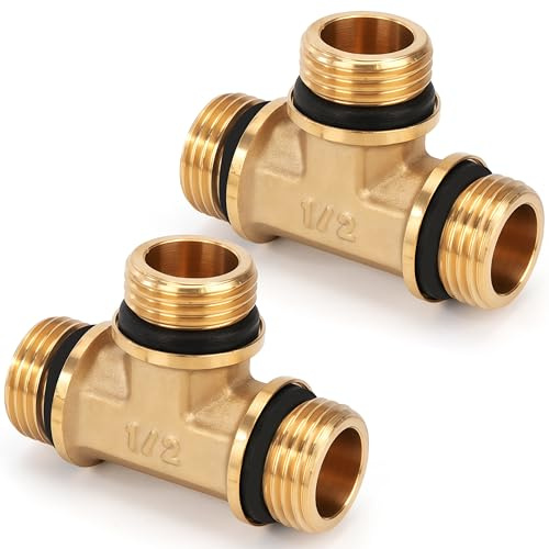 Conector en T de Latón, 2 Piezas 1/2 (Macho x Macho x Macho) Rosca Tubo Uniones en T con Goma, Conector de Tubería de 3 Vías para Agua, Aire, Plomería