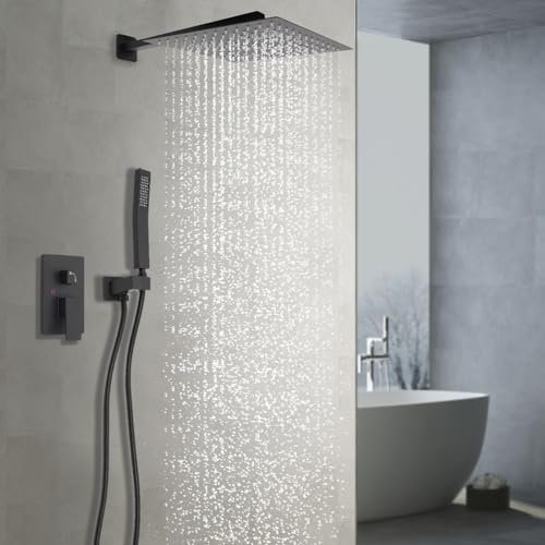 Mqwdxzfes Juego de grifo de ducha empotrado, sistema de ducha de lluvia con termostato y grifo, color negro, rectangular, alcachofa de ducha, ducha de mano de dos modos, 30 x 30 cm