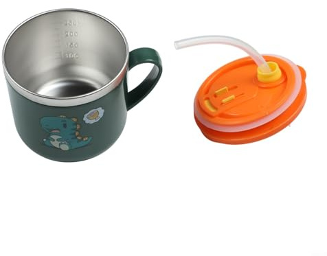 Bicchiere per bambini a doppio strato con cannuccia, in acciaio inox, con scala di misurazione (verde), 250 ml