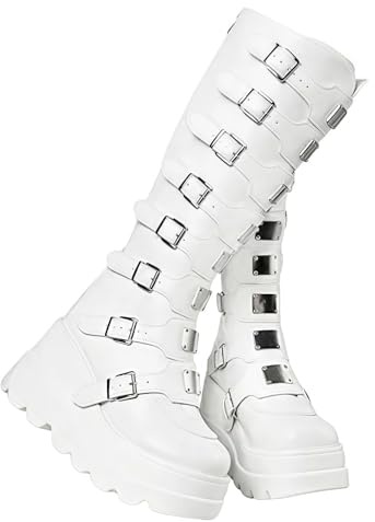 FQLGJMY Mujeres rodilla alta cuña plataforma botas con tacón alto grueso encaje y cremallera Punk gótico medio ternera botas de combate moto botas con hebillas de metal para otoño invierno