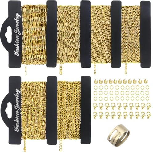 Vurlexat 6 Rollen Gliederkette 18KGold zum Basteln, Edelstahl Schmuckkette, Gliederkette Meterware, Ketten Basteln Zubehör mit Ringen und Karabinerverschlüssen für Schmuck DIY Herstellung,12M