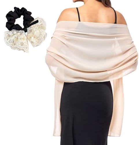 ZenyTra Beige Chiffon Stola Damen Elegant | Leichtes Weiches Schultertuch für Hochzeit & Abendkleider | Festliches Braut Accessoire | Vielseitig für alle Jahreszeiten inkl. Haargummi