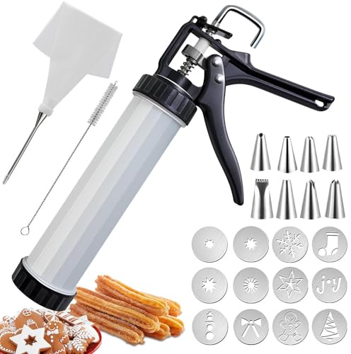 Machine a Churros,Presse à Biscuits pour Pâtisseries - Appareil a Churros avec 12 Pochoirs, 8 Douilles et Poche à Douille - Presse à Churro Pistolet à Pâtisserie pour Gâteaux Dessert et Biscuits