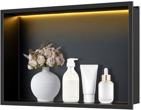 FTL Wandnische Dusche aus Edelstahl mit LED-Licht Schwarz 45x30x10cm,Wandnische für Badezimmer mit 3000K Warmweiss LED-Streifenlicht(nicht dimmbar),Keine Fliesen Erforderlich Duschnische mit LED-Licht