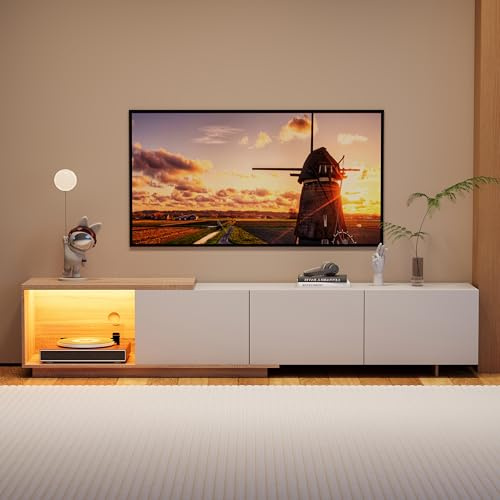 Meuble TV Extensible, Meuble TV 240 cm Longueur avec Eclairage LED, 3 Tiroirs, Meuble Tele Bois, Meubles TV pour Télévision De 65 Pouces, Meubles TV Moderne pour Salon Chambre, Blanc, 240x38x44cm