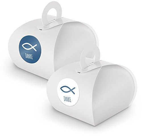 itenga SET 24x Geschenkschachtel mit Griff + Sticker Gastgeschenk (SET Fisch DANKE (Motiv33), Weiß)