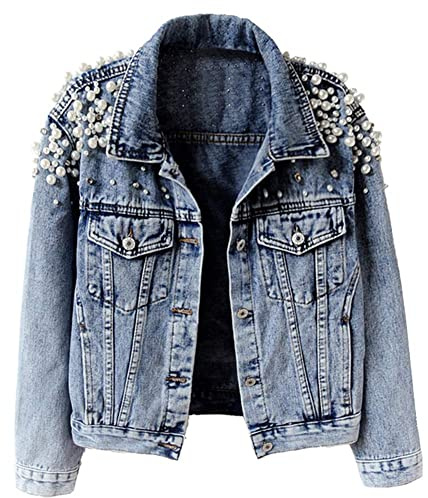 Kedera Damen Jeansjacke bestickt Nieten Perlen Kurze Jeansjacke Mantel, Blau, L
