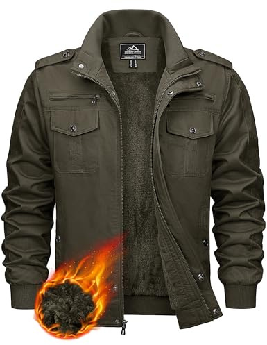 KEFITEVD Hombres Invierno Chaquetas de lana Chaqueta de Trabajo Cálido a Prueba de Viento Multi Bolsillos Abrigo,Verde Militar,L