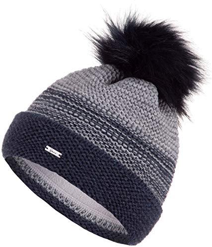 Faera Mütze Damen Wintermütze warm gefüttert mit Fleecefutter Kunstfell Bommelmütze Winter Herbst Bommel Strickmütze Beanie 60