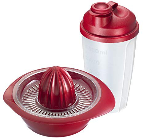 Westmark Set fitness 2 piezas, Exprimidor de cítricos y naranjas y agitador de aliños, Capacidad: 0,5 l c/u, Plástico, Mixery, Limetta, Rojo/Transparente, 3091226E