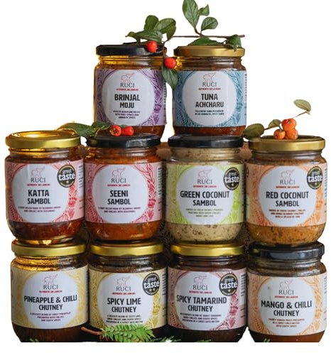 RUCI Authentic Sri Lankan Sambols, Chutneys and Pickles Selection (4 Jar Pack)