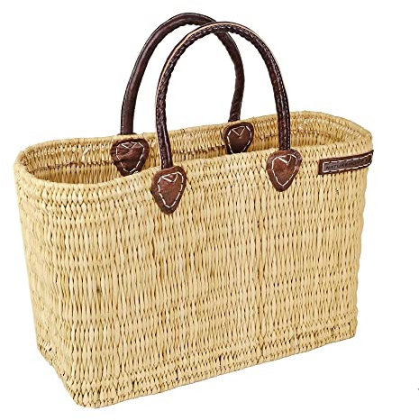NATUREHOME Schilfrohrtasche M ca. 39x25x11 cm natur, mittelgroßer handgeflochtener Shopper aus geflochtenem Schilfblatt mit hochwertigen Ziegenledergriffen - besonders leicht, stabil und vielseitig